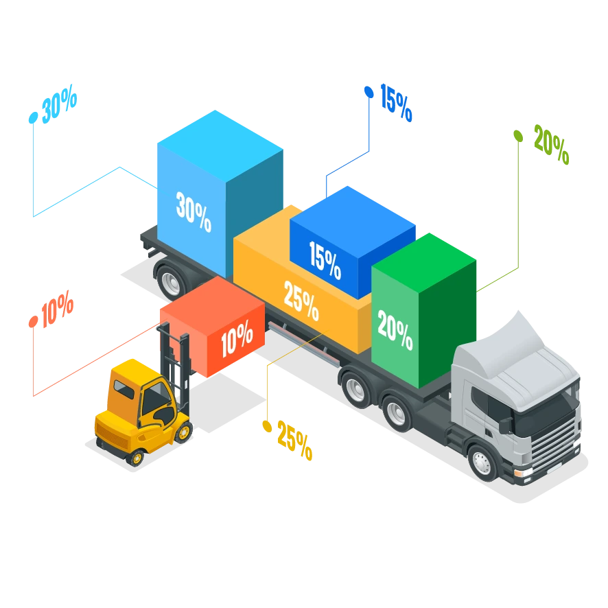 A fleet truck loaded with data blocks showing performance percentages